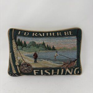 Vintage throw pillow I'd Rather Be Fishing green tan lake needlepoint tapestry